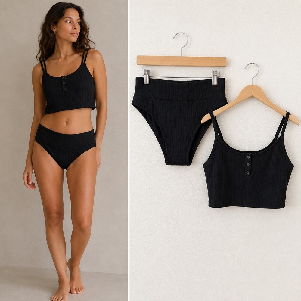Aerie Ribbed Henley Bikini Set Black High Waisted Two Piece Swimsuit XL